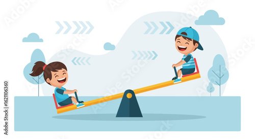 Happy Children Playing on a Seesaw at the Playground Illustration