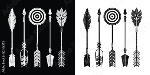 A collection of stylized, distressed tribal arrows with feather fletching and circular targets, evoking a sense of adventure and heritage