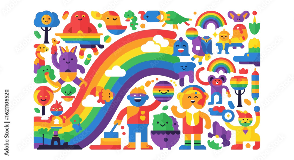Naklejka premium Happy Colorful Cartoon Characters And Rainbow, Decorative Background, Vector Illustration