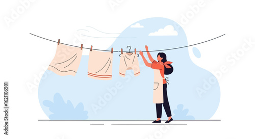 Illustration of a woman hanging laundry outside on a clothesline on a sunny day
