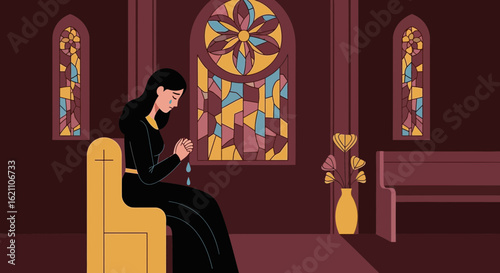 Illustration of a woman praying in a church expressing grief and seeking solace in faith offering a moment of reflection
