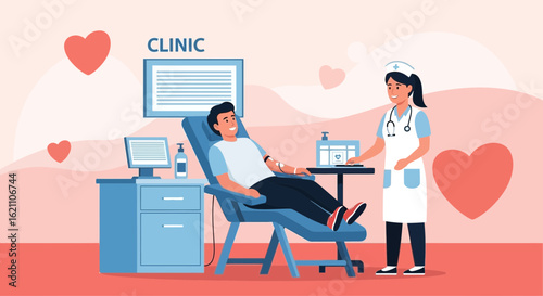 Happy Donor In Clinic With Nurse During Blood Donation Treatment Process