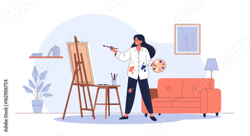 Illustration of a woman painting on a canvas in a brightly decorated art studio