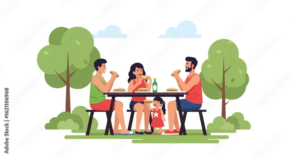 Fototapeta premium Happy Family Enjoying Outdoors Picnic With Sandwiches In Park Illustration