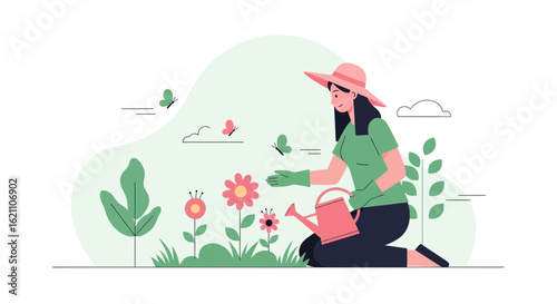 Gardener Tending Flowers, Vector Illustration Of A Woman In A Garden