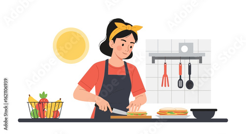 Illustration of a woman preparing a sandwich in the kitchen with fresh produce in the background creating a healthy lifestyle concept