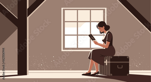Illustration of a woman reading on a suitcase in a vintage attic setting near the window