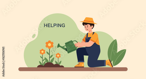 Gardener Watering Flowers In Garden Offering Assistance With Plant Care