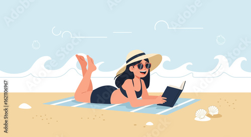 Illustration of a woman relaxing and reading a book on the beach during summer vacation