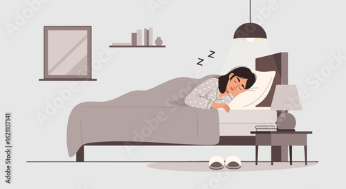 Illustration of a woman sleeping peacefully in her bed at night in her bedroom