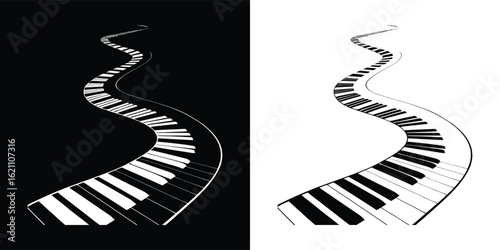 A winding path formed by piano keyboard keys, depicted in both positive and negative black and white versions against contrasting backgrounds