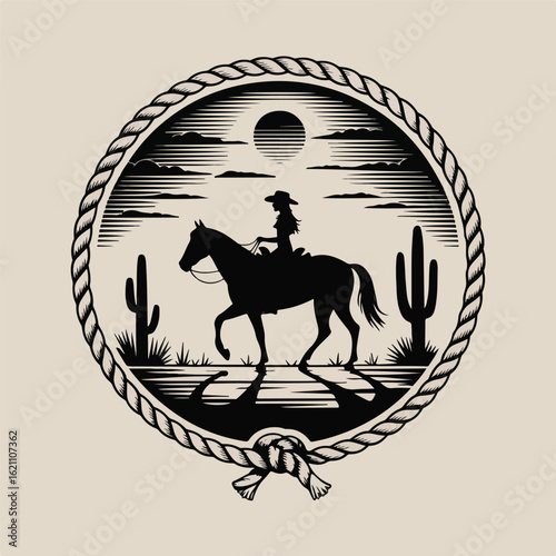 Silhouette of a cowboy riding a horse in the desert with cacti and a rope border