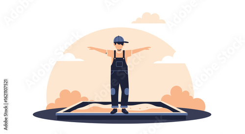 Illustration of a young boy standing in a sandbox with arms outstretched in a playful pose, showcasing childhood joy and carefree innocence