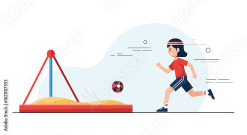 Happy Girl Plays Ball Kicking In The Park With Sandbox Illustration Vector