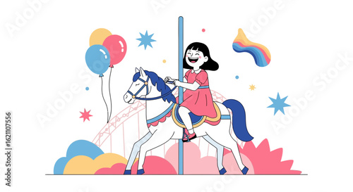 Happy girl riding a carousel horse surrounded by balloons and colorful decorations