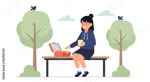 Girl Enjoying Lunch In The Park A Serene Outdoor Experience Illustration