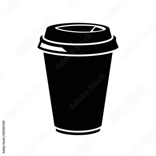 Black disposable coffee cup with a lid, symbolizing a hot beverage for takeaway, isolated on white background