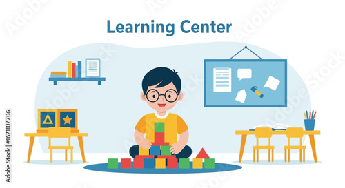 Happy Kid Builds A Tower With Blocks At Playroom Or Daycare Center