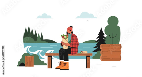Girl Enjoys Shawarma Sitting On Bench By Lake After Hiking Adventure