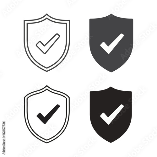 Free Download Four icons of shields with check marks, two outlined and two solid black, isolated on white background - GFXLoad