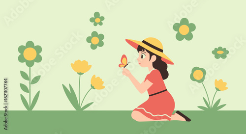 Illustration of a young girl in a garden interacting with a butterfly peacefully and happily