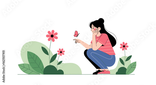 Girl In Garden Observing A Butterfly Land On Her Finger Illustration