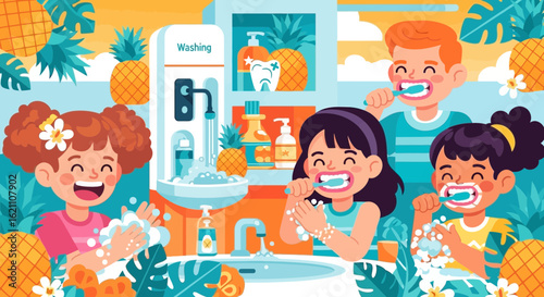 Happy Kids Practicing Personal Hygiene in a Fun Illustrated Environment