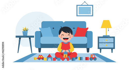 Happy Little Boy Playing With Toy Blocks At Home In The Living Room