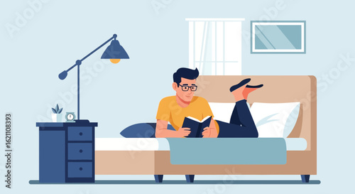 Illustration of a young man reading a book in bed with a lamp and bedside table creating a cozy scene
