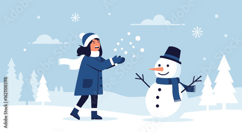 Girl Playing Snowballs Near A Snowman On A Snowy Winter Landscape Scene