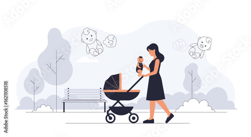 Happy Mother Enjoying Stroll in Park with Her Baby in A Baby Stroller