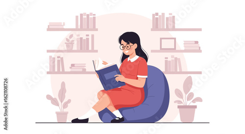 Girl Reading Book Relaxing On Beanbag Chair In Cozy Room Illustration