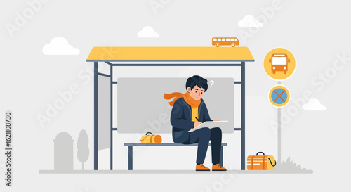 Illustration of a young man waiting at a bus stop, drawing on a notepad with a thoughtful expression on his face
