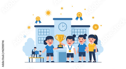 Happy School Children Celebrating Their Academic Achievement With a Trophy