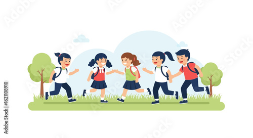 Happy Schoolkids Running Outdoors With Backpacks On A Sunny Day