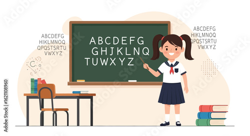 Happy Schoolgirl Presenting The Alphabet With Pointer In Classroom Setting