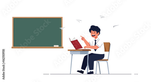 Happy Student Reading Textbook And Paper Planes In A Classroom Education