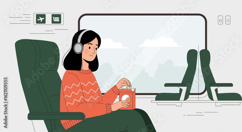 Illustration of a young woman enjoying snacks on a train journey with headphones