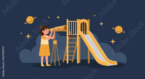 Girl Using Telescope At Playground Observing Planets And Stars At Night