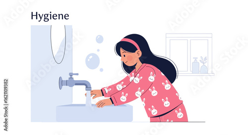 Girl Washing Hands Illustration Concept For Daily Routine Personal Hygiene