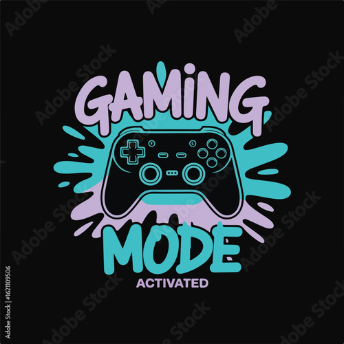 Gaming mode activated with a stylized video game controller and vibrant splash effect