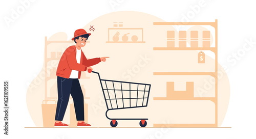 Illustration of an angry man with a shopping cart pointing at something in the store