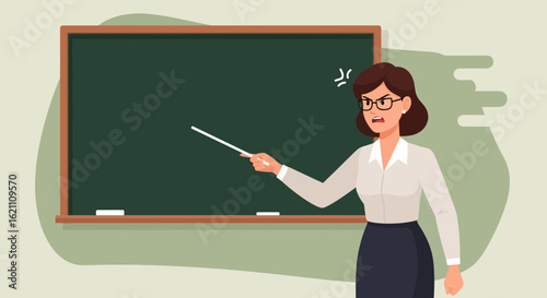 Illustration of an angry teacher with a pointer standing in front of blackboard in classroom with copy space