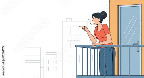 Illustration of an angry woman yelling and pointing from a balcony in a city setting