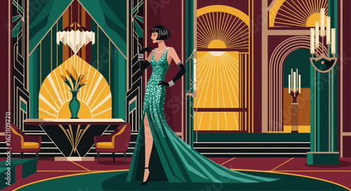 Glamorous Evening Illustration Of Art Deco Fashion And Opulent Interior Design