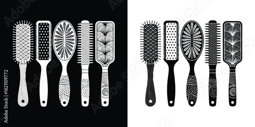 Collection of various hairbrushes for styling and grooming, including paddle, round, and vented types, presented as a graphic illustration on black and white backgrounds
