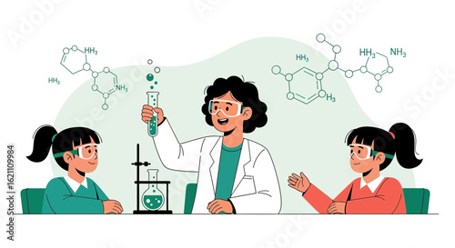 Illustration of children in science class performing chemistry experiment with teacher