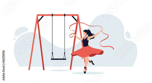 Graceful Ballerina Practicing With Ribbon Near A Children's Playground Swing Set