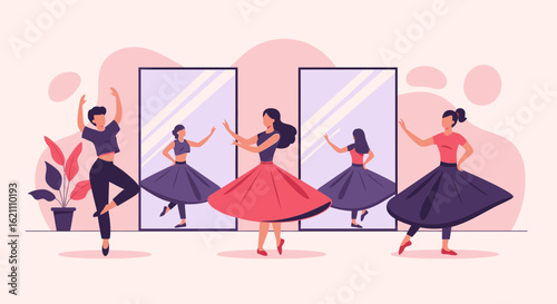 Graceful Dancers Practicing Their Moves In The Studio And Mirror Reflections
