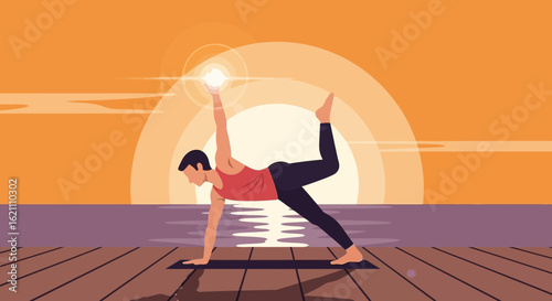 Harmonious Sunrise Flow Practicing Yoga Pose Near Ocean for Wellness